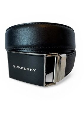 BURBERRY Logo Plaque Buckle Black Leather Belt Black Size 105 (42)